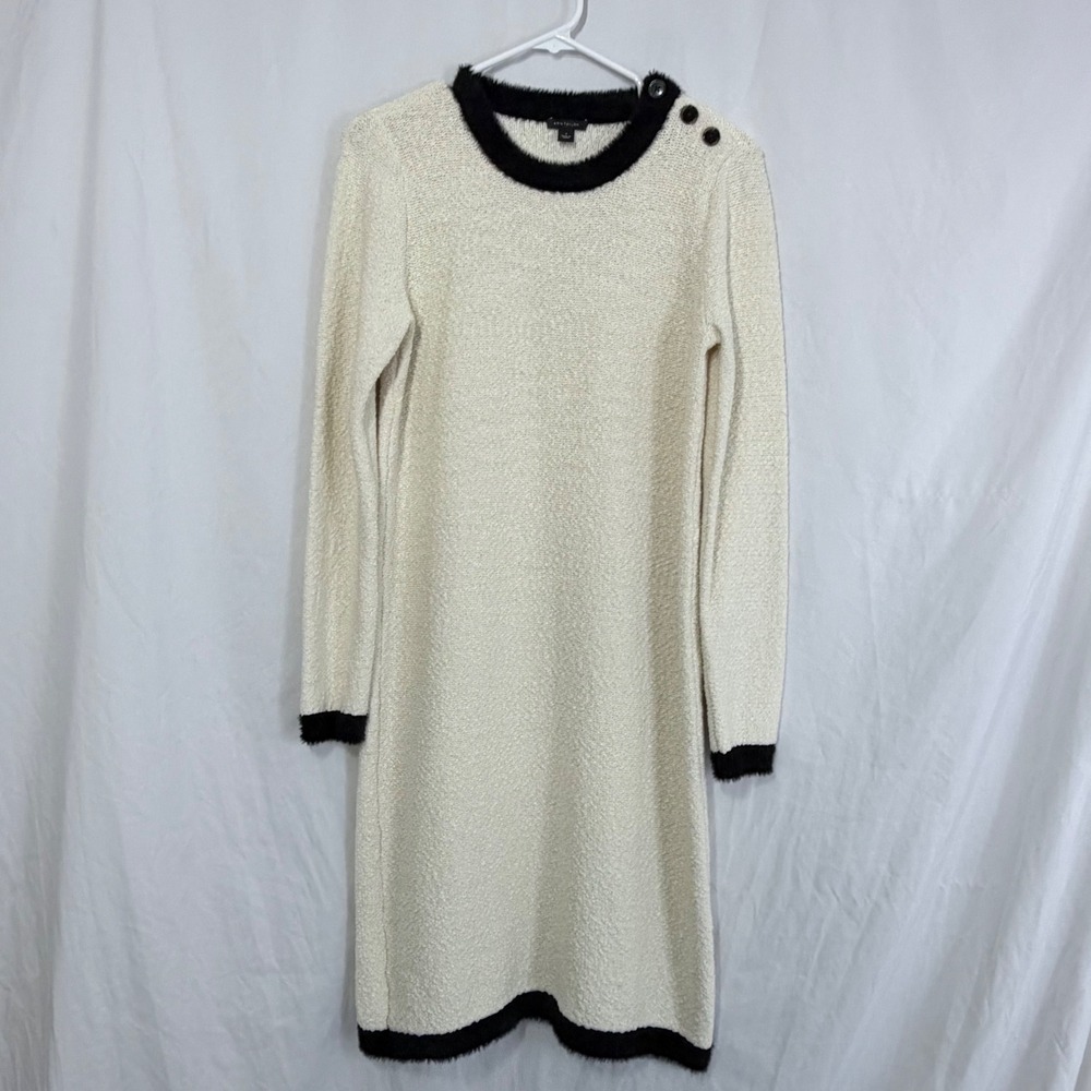 Ann Taylor Cream Black Trim Sweater Dress Button Shoulder Long Sleeve